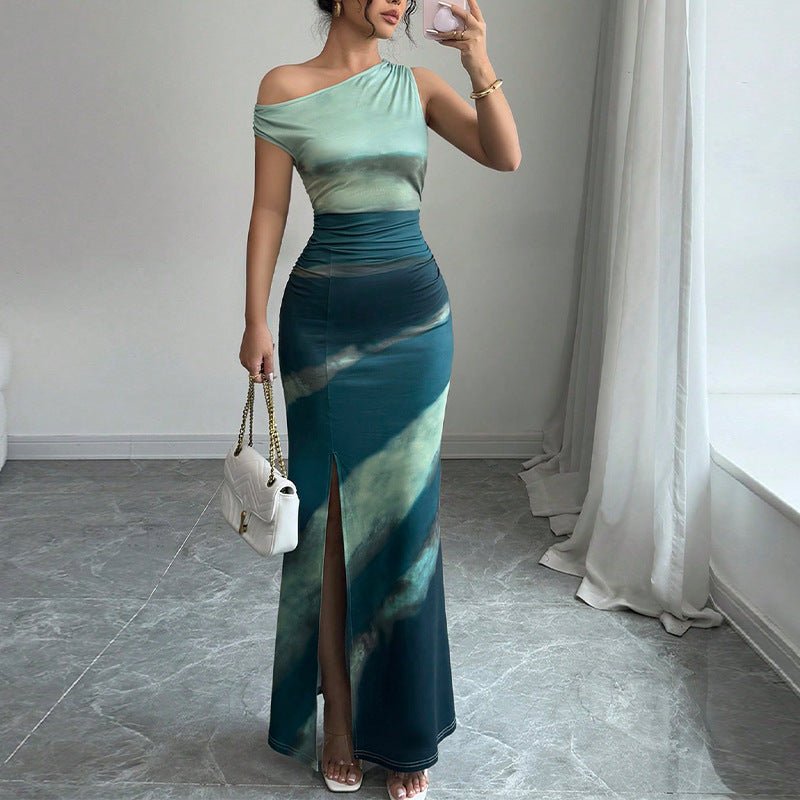 The Gradient Edge | Women's Asymmetrical Shoulder Contrasting Color Maxi Dress