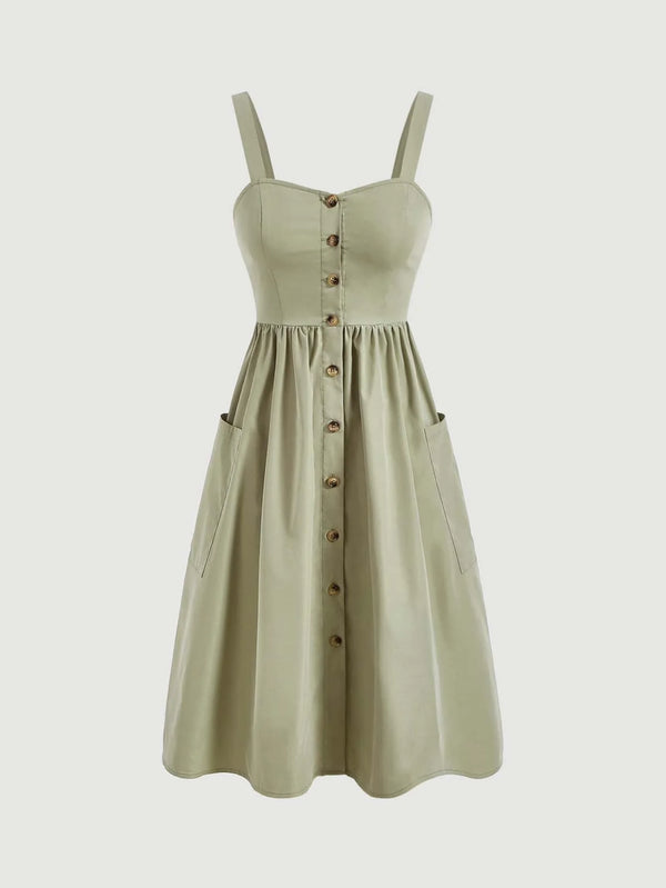 Women's Solid Color Wide Strap Front Button Casual Dress MOD - image 1