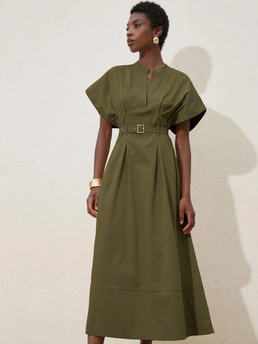 Aveloria Frievida Elegant Elegant Women's Commute & Date Dress, Luxury Design V-Neck Drop Shoulder Waist Cinched Pleated Dress With Belt