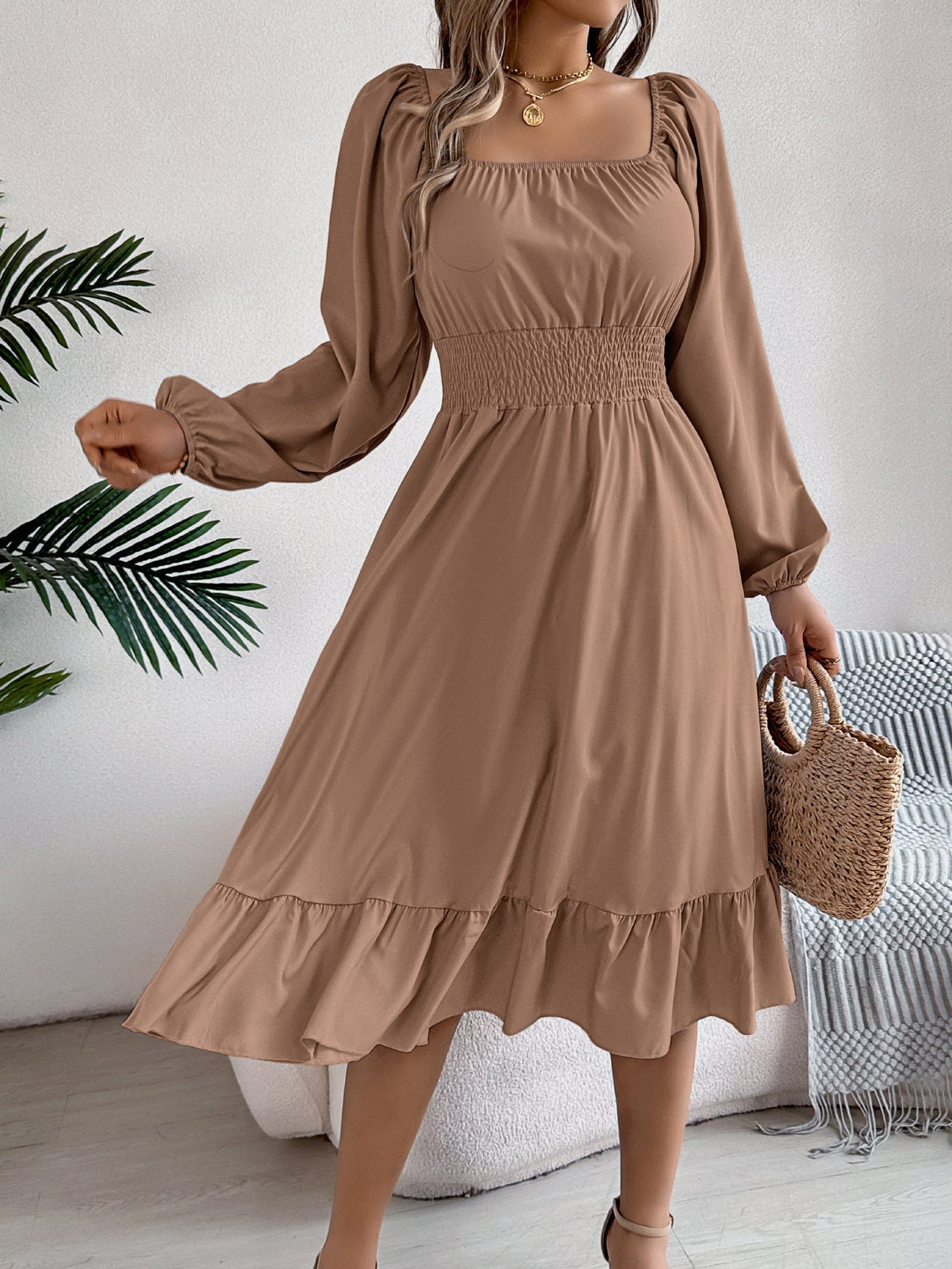 The Ruffled Charm | Solid Color Square-Neck Ruffled A-Line Midi Dress