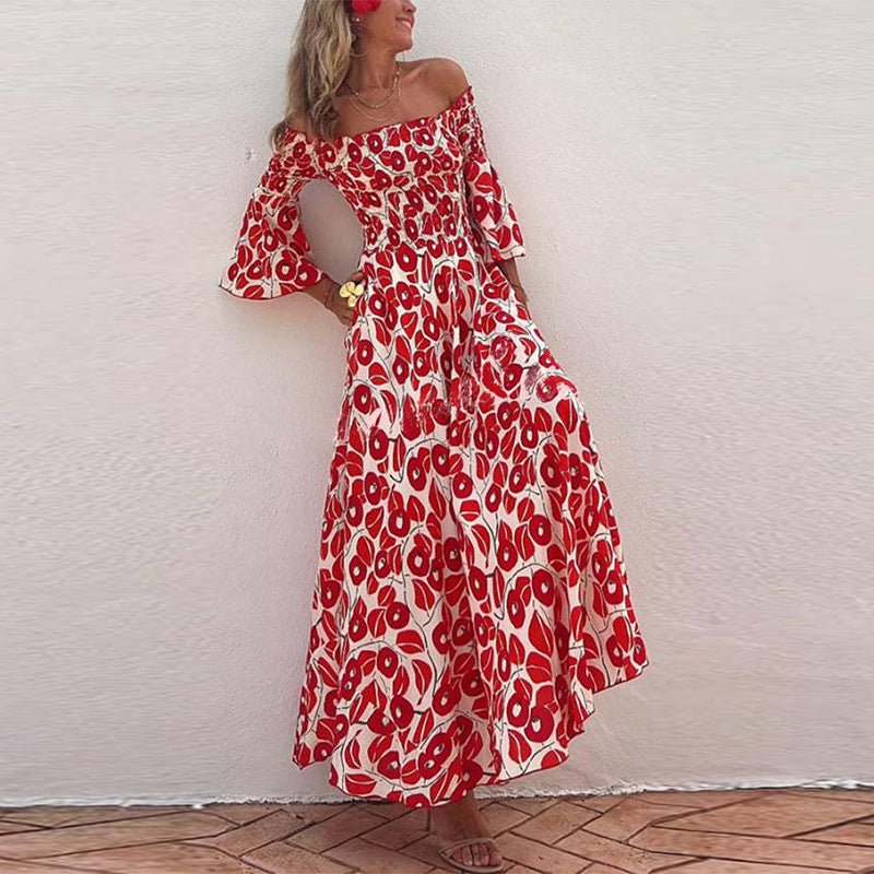 New holiday style off-the-shoulder horn sleeves floral long dress women's dress