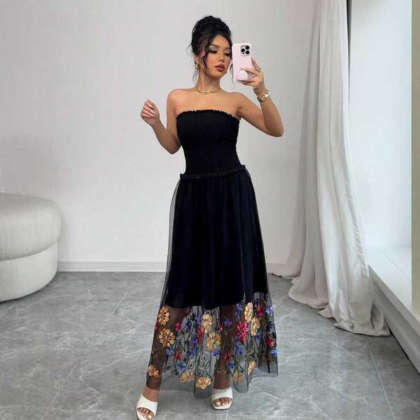 The Embroidered Whisper | Women's Floral Embroidered Strapless Maxi Dress - image 1